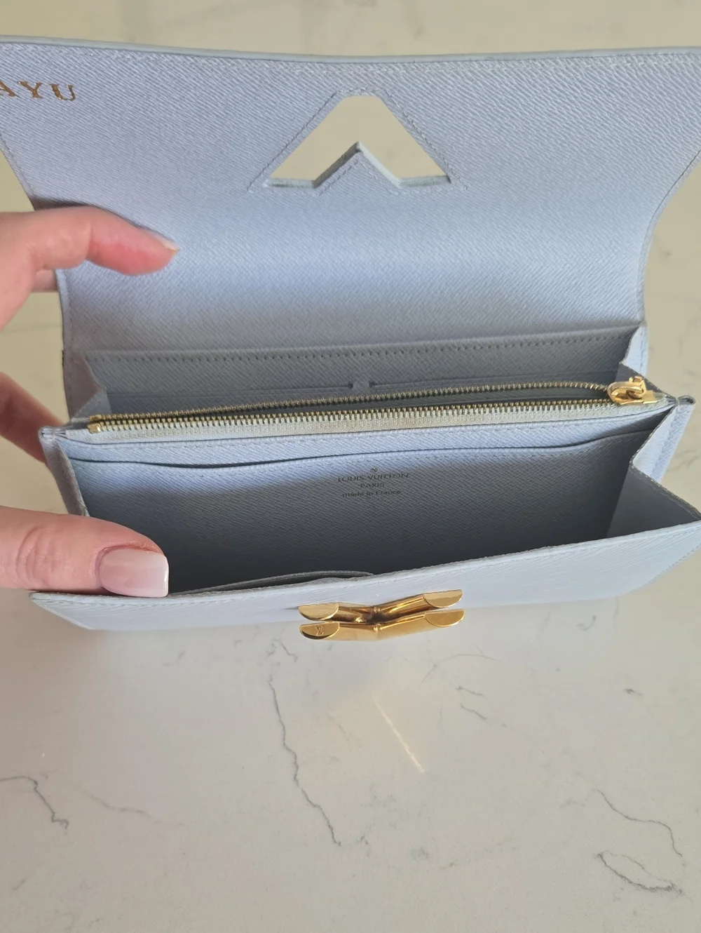 Louis Vuitton Light Blue Epi Leather Trifold Wallet with Gold V Emblem
